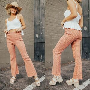 Free People Fine Line High Rise Plaid Flare Boho Ankle Pant in Rust Combo XS NEW